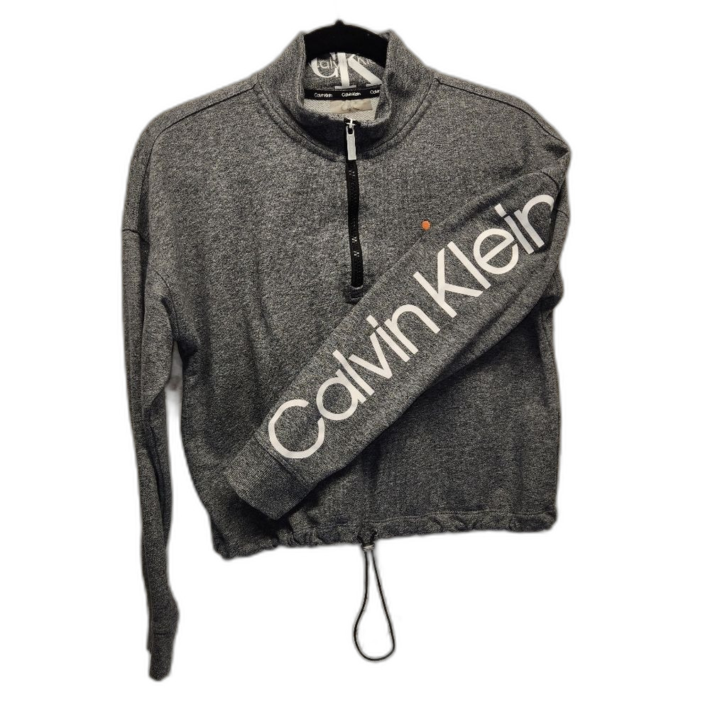 Calvin Klein Logo Women's Grey Cropped Pullover Sweatshirt Athleisure MEDIUM